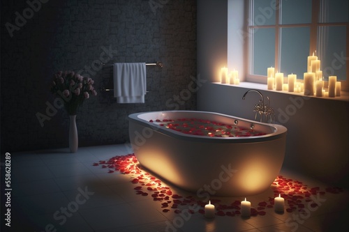 Experience romance at its finest with a candlelit bath in a white design tub filled with rose petals and warm water, romantic and sweet saint valentine's night concept, design bathroom, generative ai 