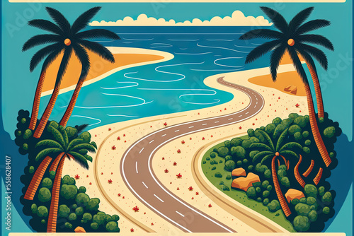 Cartoon image of a top view of a sea isthmus with a meandering road in a summertime tropical setting with a beach, palm palms, and an empty asphalt roadway. Generative AI