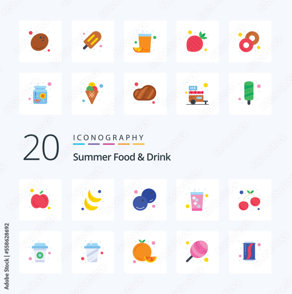 20 Summer Food & Drink Flat Color icon Pack. like cherry. soda. berry. drink. healthy