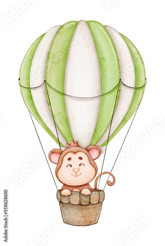 Monkey in a hot air balloon children's watercolor illustration