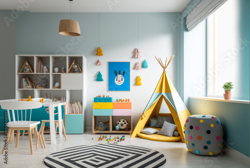 Interior of modern children's room with stylish furniture and toys, Kids play room, kids bed room, Children's hut, play tent and toys