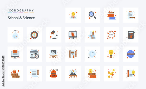 25 School And Science Flat color icon pack. Vector icons illustration