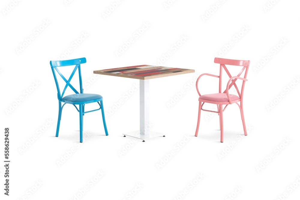 Cafe restaurant chair , background is white , pink and turquoise color Cafe restaurant chair , background is white , pink and turquoise color