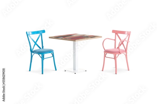 Cafe restaurant chair   background is white   pink and turquoise color 