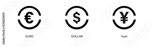 Money symbol inside two half circle : Dollar icon, euro icon, yuan icon.