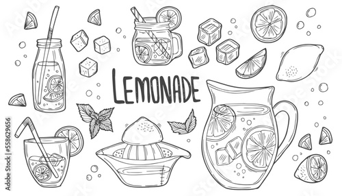 Lemonade sketch set in doodle style. Lemonade and summer fresh juice drinks, beverages with ice and mint.
