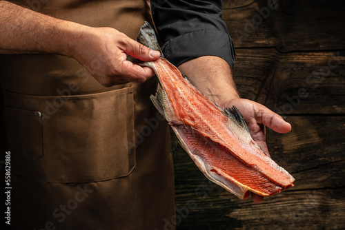 salmon is in the hands. Raw fish trout steak with spices and herbs. place for text