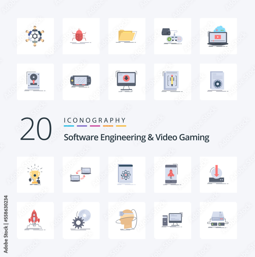 20 Software Engineering And Video Gaming Flat Color icon Pack. like start. game. network. science. developer 20 Software Engineering And Video Gaming Flat Color icon Pack. like start. game. network. science. developer