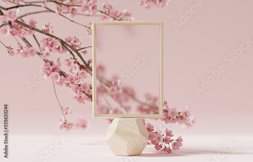 3D background, beige podium, wood display with frame. Sakura pink flower tree branch. Cosmetic or beauty product promotion step floral pedestal. Abstract minimal advertise. 3D render spring mockup. photo