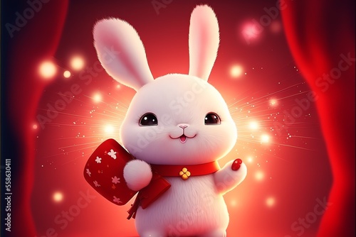 White fluffy rabbit in a  Spring Festival costume  Chinese new year  CNY fireworks  full body  standing  holding a big red card  big sparkling eyes  fluffy tail  smiling.