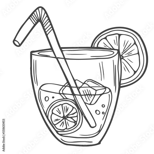 Vector Sketch Illustration - Glass of Lemonade with Lemon Slice, Ice and Drinking Straw
