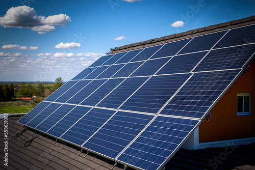 Wallpaper Mural solar power panels on the roof. Solar panel roof. View of solar cells (solar panels) in a house's roof in daylight. Generative AI Torontodigital.ca