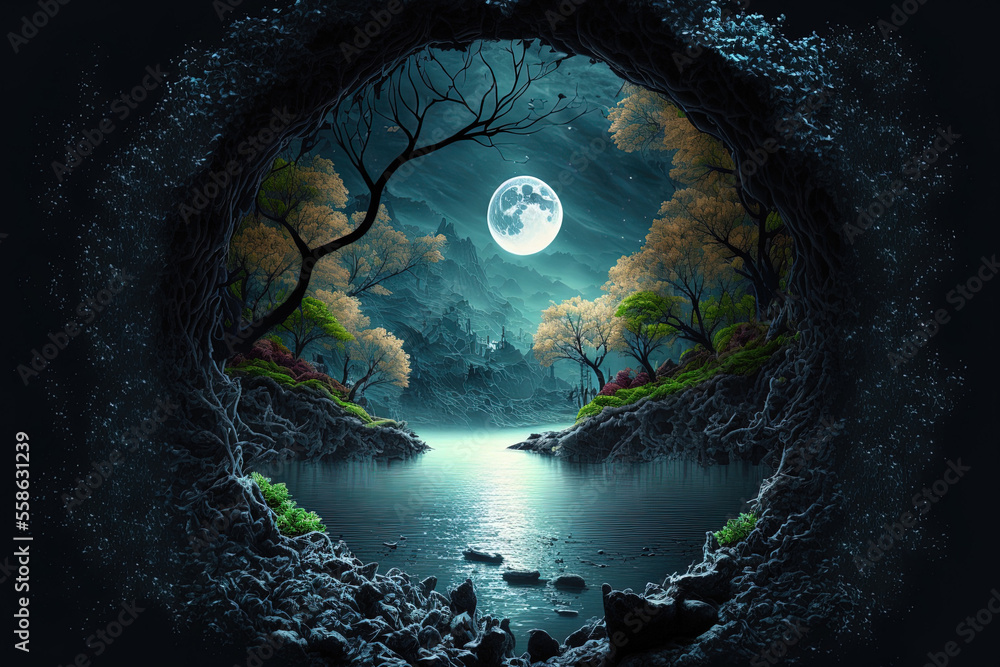 Obraz premium the river with the moon. bizarre landscape conceptual visual art natural fantasy art. Generative AI