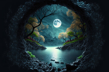 Leinwandbilder Schwarz the river with the moon. bizarre landscape conceptual visual art natural fantasy art. Generative AI  © The 2R Artificiality
