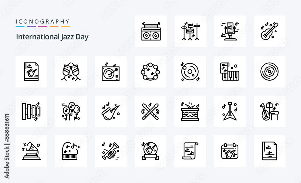 25 International Jazz Day Line icon pack. Vector icons illustration
