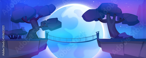 Fantastic landscape with mountains and suspension wooden bridge over precipice between cliffs in jungle. Cartoon fantasy background with rocks, stars, trees and big moon in dark sky at night.