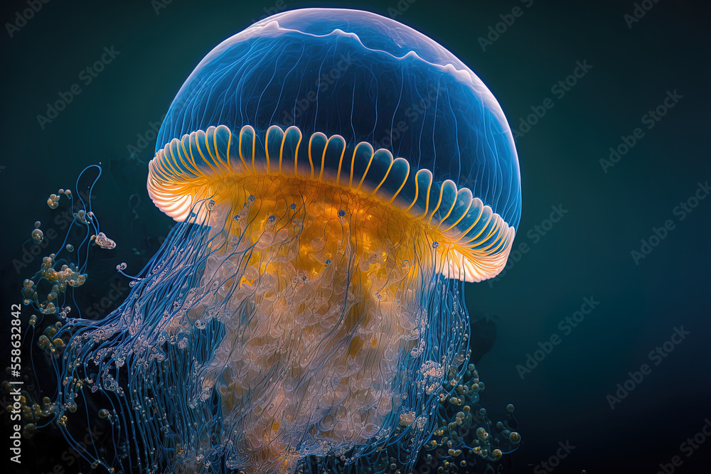 Macro of the stunning cyanea capillata jellyfish. Generative AI Stock