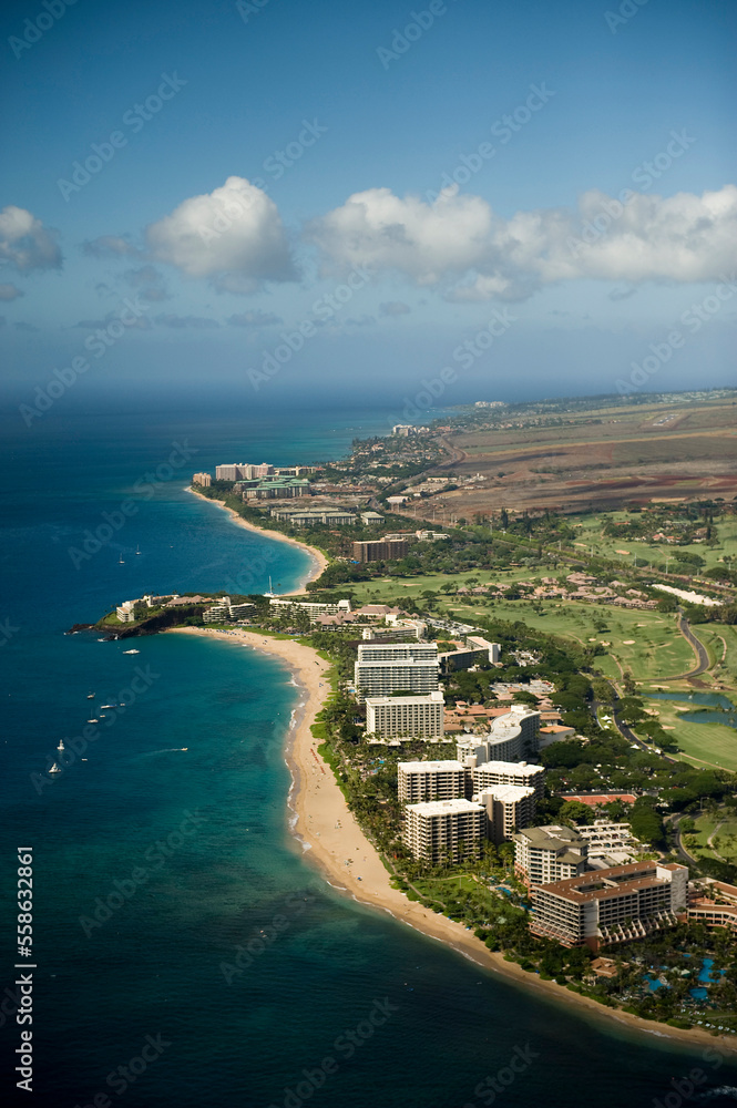 Hotels and resorts line the beaches of Maui, Hawaii. Hotels and resorts line the beaches of Maui, Hawaii.