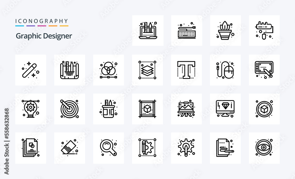 25 Graphic Designer Line icon pack. Vector icons illustration