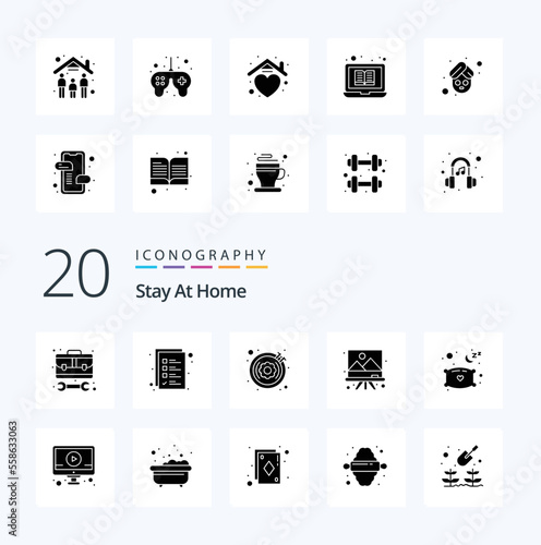 20 Stay At Home Solid Glyph icon Pack. like relax. art. hobby. painting. art