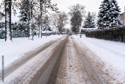 Danger driving in winter on snowy road