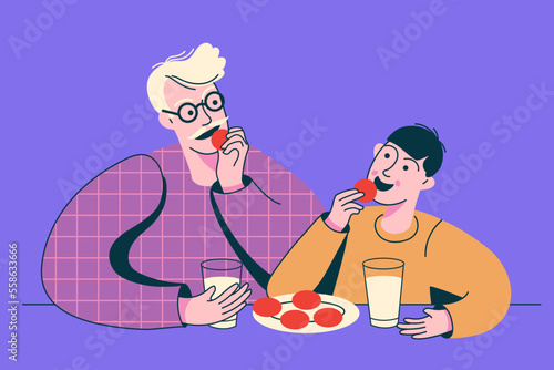 Grandfather with his grandson enjoy breakfast or lunch together. Grandpa and boy eating at the table. Family relationship vector illustration