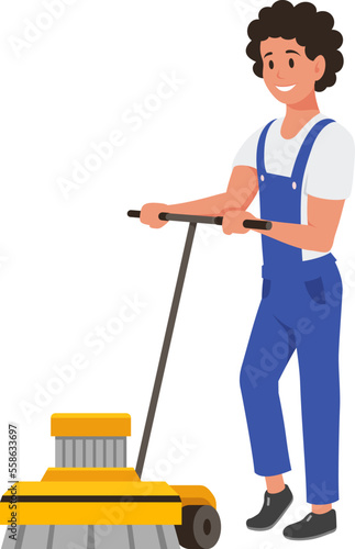Man cleaner sweeper electric brush vacuum mop floor cleaning technology vector isometric
