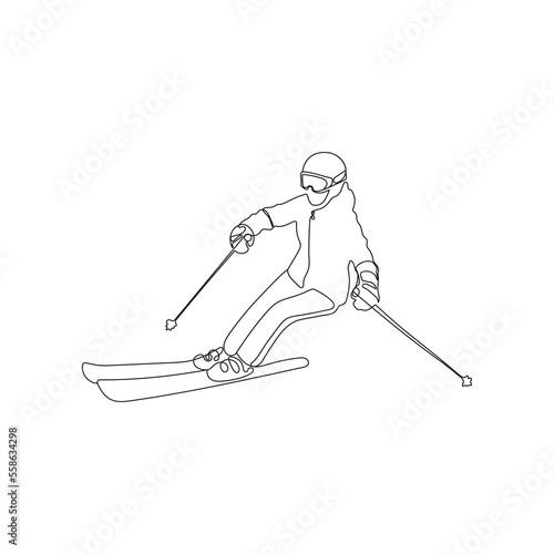 Skier, skiing. One line art drawing style. Descent from the mountain. Winter sport and tourism concept. Hand drawn vector illustration.