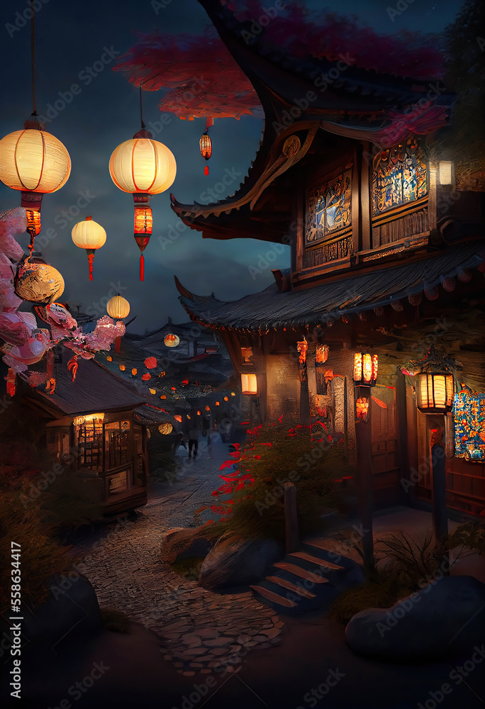 Beautiful traditional chinese house with the decorative roof and glowing lanterns, Chinese Lantern Festival, twilight scene, Generative AI Beautiful traditional chinese house with the decorative roof and glowing lanterns, Chinese Lantern Festival, twilight scene, Generative AI