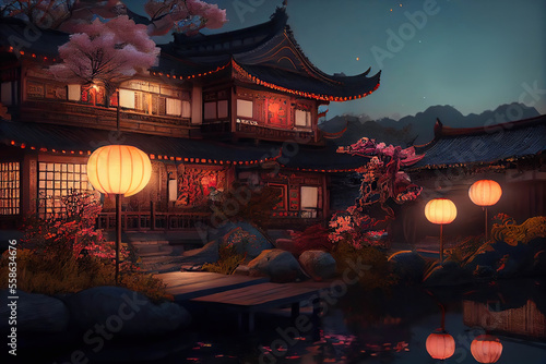 Beautiful chinese house with chinese lanterns at twilight, Generative AI © Eva
