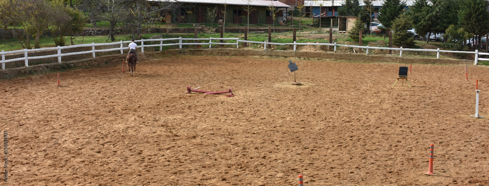 A man riding a horse with his back turned, is training with a horse at the horse farm. A man riding a horse with his back turned, is training with a horse at the horse farm.
