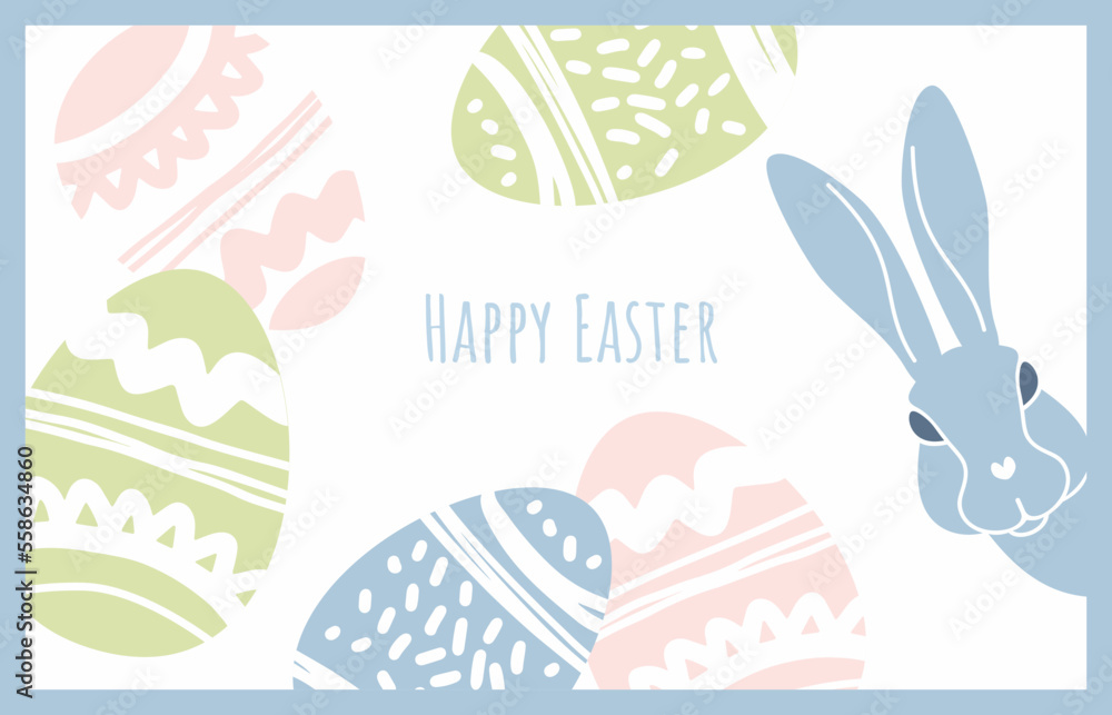 Easter card. Easter eggs, rabbit and an inscription isolated on a white background with blue edging. Vector illustration in pastel pink and blue colors.