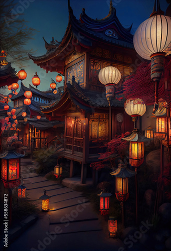 Beautiful traditional chinese house with a decorative roof with many glowing lanterns, Chinese Lantern Festival, twilight scene, Generative AI