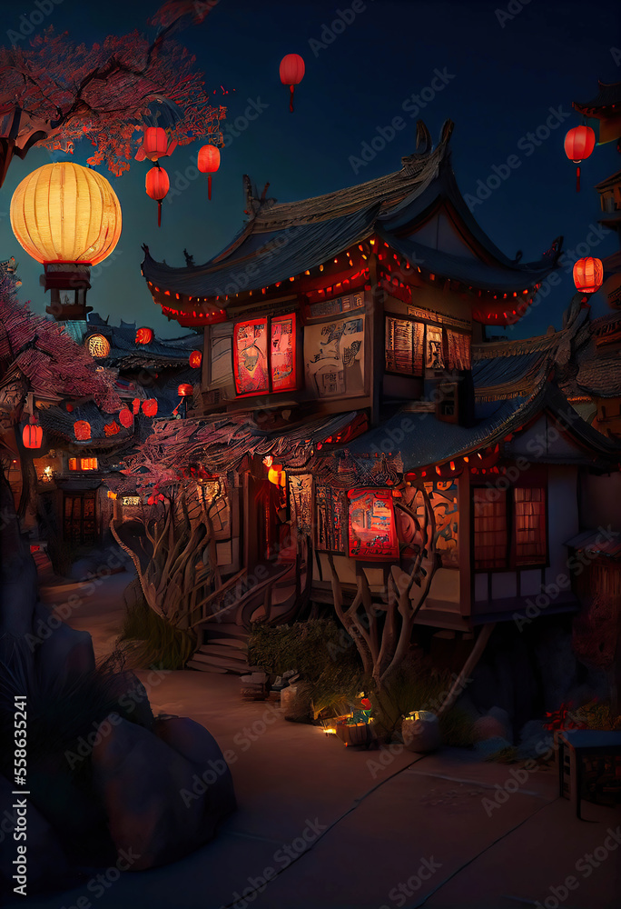 Fototapeta premium Beautiful traditional chinese house with a decorative roof with glowing chinese lanterns, night scene, Generative AI