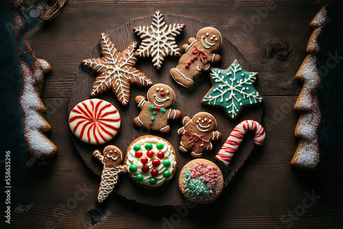 On a wooden table background, merry Christmas with baked cookies. Christmas, holiday, party, and happy new year theme. Generative AI