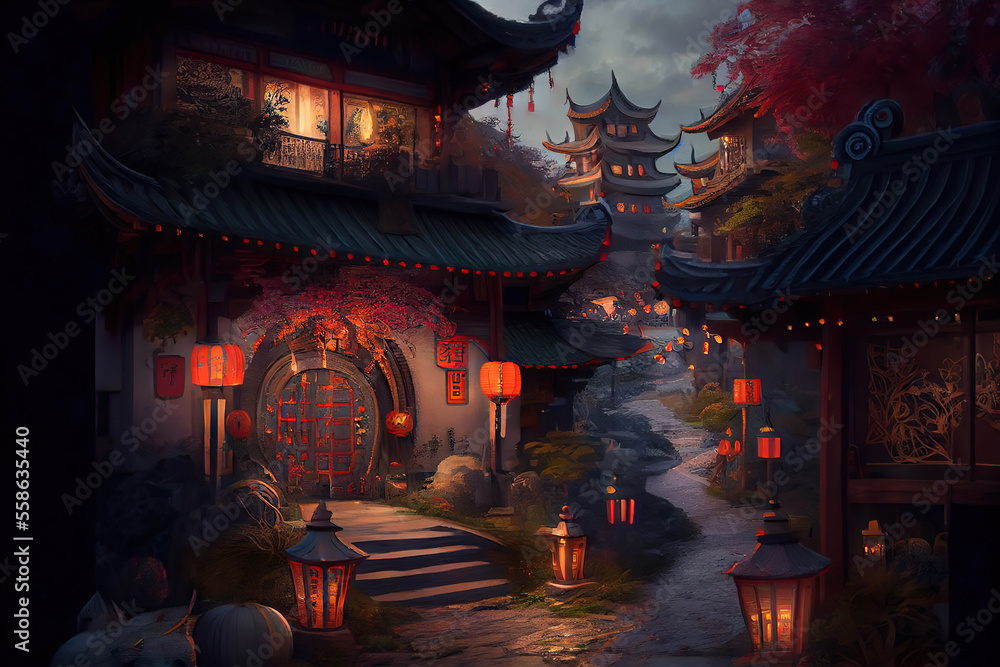 Chinese village with traditional houses decorated for the Chinese Lantern Festival, twilight scene, Generative AI