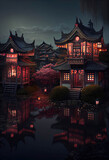 Beautiful traditional chinese houses with decorative rooves by the lake, twilight scene, reflection in water, Generative AI