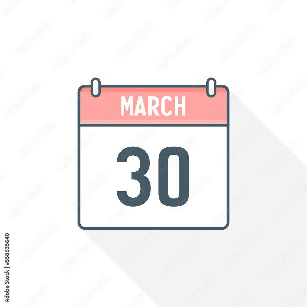 30th March calendar icon. March 30 calendar Date Month icon vector illustrator 30th March calendar icon. March 30 calendar Date Month icon vector illustrator