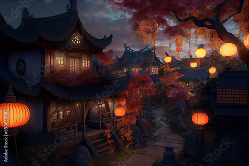 Chinese village decorated for the Chinese Lantern Festival  Generative AI