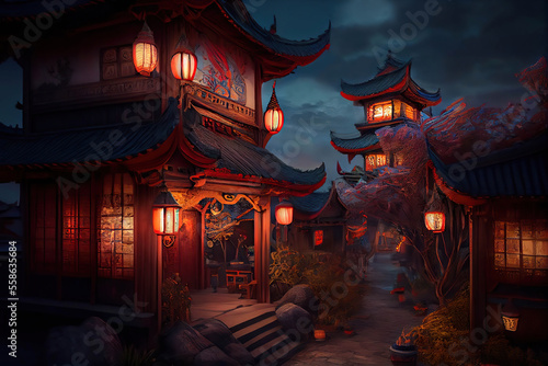 Beautiful chinese village with traditional houses decorated for the Chinese Lantern Festival, glowing Chinese lanterns, twilight scene, Generative AI