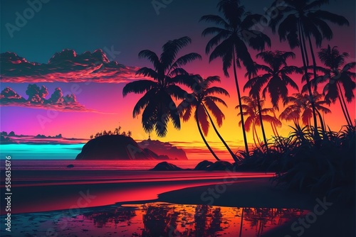 3D Illustration of a Beautiful colorful sunset on tropical ocean beach with palm trees and leaves. Generative Ai. © Concept Killer
