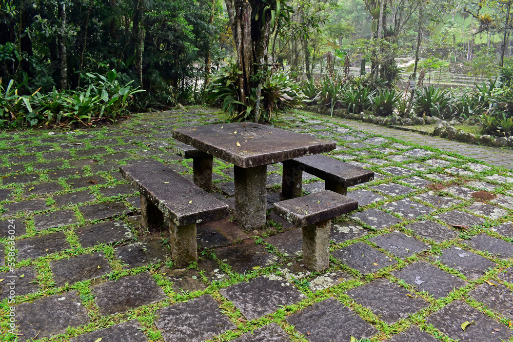 Empty table and benches on public park in Teresopolis, Rio de Janeiro, Brazil