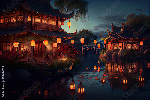 Beautiful traditional chinese houses on the lake decorated for the Chinese Lantern Festival, twilight, Generative AI