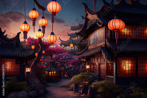 Beautiful traditional chinese houses decorated for the Chinese Lantern Festival with glowing Chinese lanterns, twilight scene, Generative AI