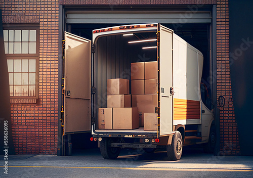 Loading truck near ramp of warehouse or logistics center..