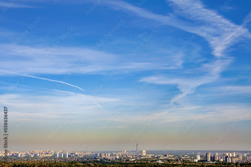 kiev, dniprovsky, ukraine, kyiv, clouds, skyline, panorama, view, aerial, architecture, bank, blue, building, capital, chemtrail, chimney, city, cityscape, construction, day, district, estate, europe,