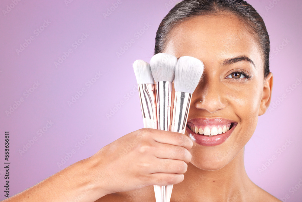 Beauty, cosmetics and woman with brushes for makeup on purple background for skincare, fashion and style. Cosmetology, aesthetic and girl with brush set for foundation, beauty products and facial Beauty, cosmetics and woman with brushes for makeup on purple background for skincare, fashion and style. Cosmetology, aesthetic and girl with brush set for foundation, beauty products and facial