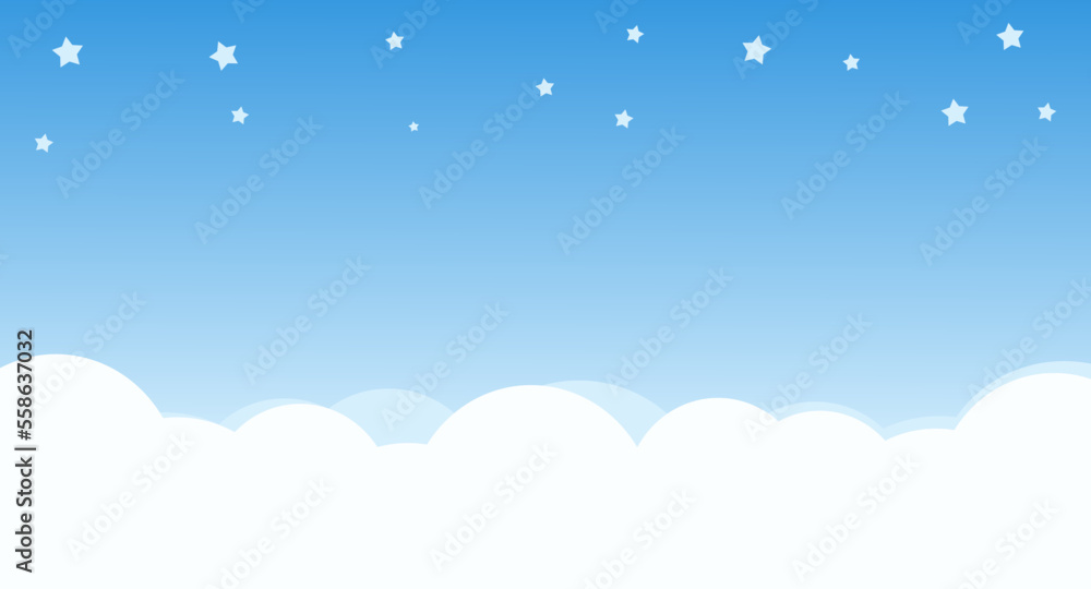 Blue sky with moon, stars and clouds background vector illustration.
