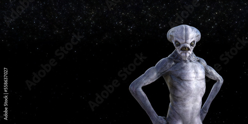 Illustration of an alien with long sharp teeth and hands on hips in the foreground with space and stars in the background.