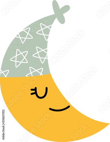 Cartoon sleeping moon in nightcap flat icon